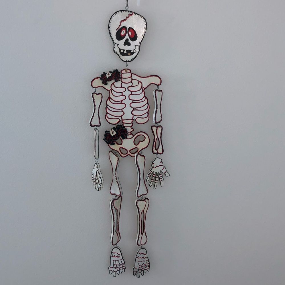 VINTAGE SKELETON ARTICULATING HINGED PAINTED WOOD SKELETON & SPIDERS almost 46”